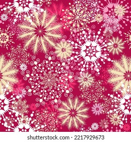 Seamless ornamental texture with stylized snowflakes on purple red background