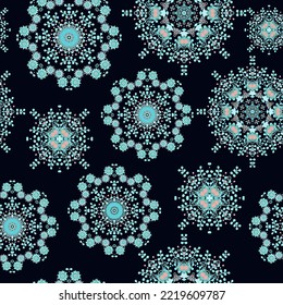 Seamless ornamental texture with stylized snowflakes on dark background