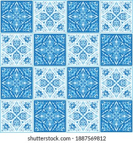 Nahtloser Zierhintergrund. Blau-weiße Farben auf Fliesenmosaiken. Dekoration für Textilien, Keramikfliesen