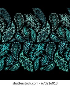 Seamless ornamental Turquoise paisley pattern on black background