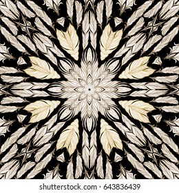 Seamless ornamental vector background on black, golden and white colors