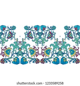 Seamless ornamental vector floral border ornament with stylized exotic flowers