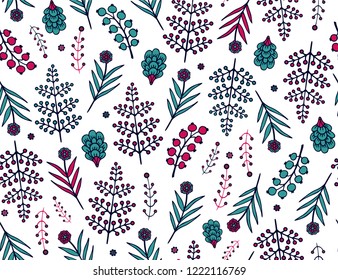Seamless ornamental vector floral pattern with wild berries, fern leaves on white background