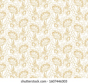 Seamless ornamental vector floral pattern with stylized golden  poppy flowers, indian style