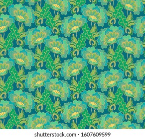 Seamless ornamental vector floral pattern with stylized green poppy flowers, indian style