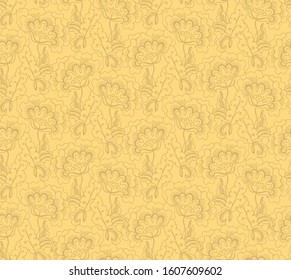 Seamless ornamental vector floral pattern with stylized yellow poppy flowers, indian style