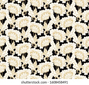 Seamless ornamental vector floral pattern with stylized golden  poppy flowers, indian style