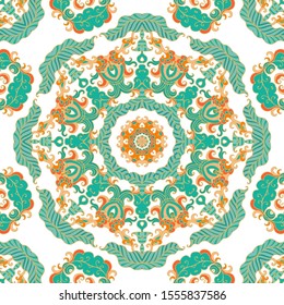 Seamless ornamental vector floral texture with stylized rosettes- mandala on white background, fantasy floral motif, orange - turquoise palette