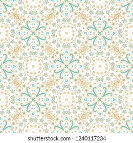 Seamless ornamental vector golden - turquoise floral texture on white background