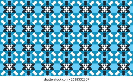 Seamless ornamental vector pattern with black and white abstract shapes on a bright blue background. Playful and dynamic design perfect for fabric prints, wallpapers, branding, and packaging