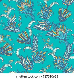 Seamless ornamental  vector pattern  on turquoise background