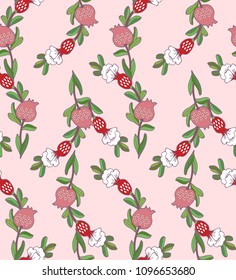 Seamless ornamental vector pattern with pomegranate fruits and flowers on pink background