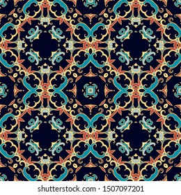 Seamless ornamental vector texture, woven floral ornament on dark background