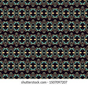 Seamless ornamental vector texture, woven floral ornament on dark background