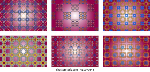 seamless ornaments of various complex pattern. Bright background with dark red gradient. Box for text. Vector illustration. For design, presentations, 