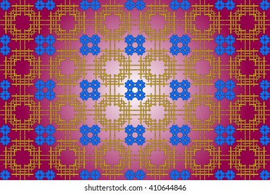 seamless ornaments of various complex patterns of blue, yellow and silver color. Bright background with dark red gradient. Box for text. Vector illustration. For design, presentations, 