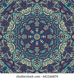 Seamless ornametal pattern of circular ornaments. Doily lace round ornament in the style of Chinese painting on porcelain. Blue winter background