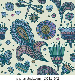 Seamless ornate decorative cartoon floral pattern with petals, leaves, butterflies, dragonflies. Endless ornamental texture, template for design, decoration, scrapbooking