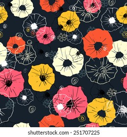Seamless ornate decorative floral pattern. Bright print for your design. Dark blue background  