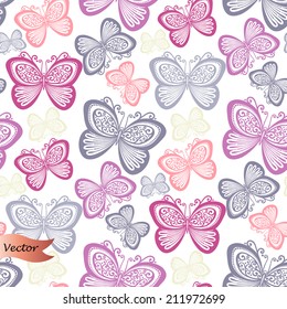 Seamless Ornate Floral Pattern with Butterflies (Vector)