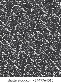 Seamless ornate floral pattern. Repeating print with a black and white mosaic design on a black background. Vector illustration. Apparel textile print.