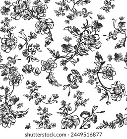 Seamless ornate floral pattern. Repeating vector print with a variety of distressed black flowers and leaves on a white background. Apparel textile pattern.