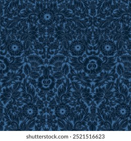 Padrão floral ornamentado sem costura. Repetindo decorativo azul marinho flor vetor impressão em um fundo azul. Padrão têxtil de vestuário. Ilustração desenhada à mão.
