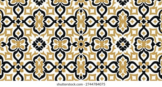 A seamless ornate geometric pattern featuring floral motifs in black and gold on a decorative background viewed from directly above