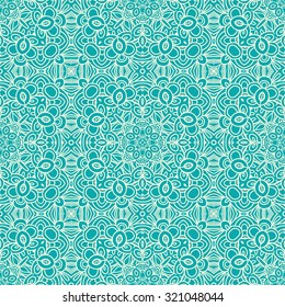 Seamless ornate lacy pattern on a turquoise background, Asian style.