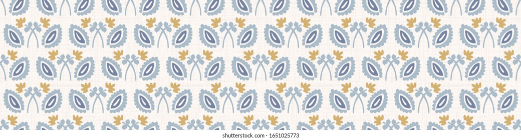 Seamless Ornate Medallion Border Pattern In French Cream Linen Shabby Chic Style. Hand Drawn Floral Damask Bordure. Old White Blue Background.  Interior Home Decor Edging. Ornate Flourish Ribbon Trim