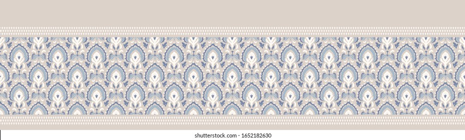 Seamless ornate medallion border pattern in french cream linen shabby chic style. Hand drawn floral damask bordure. Old white blue background. Interior home decor edging. Ornate flourish ribbon trim
