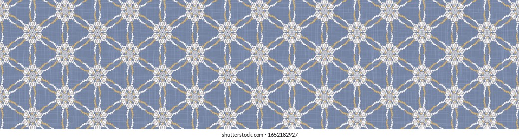 Seamless ornate medallion border pattern in french cream linen shabby chic style. Hand drawn floral damask bordure. Old white blue background. Interior home decor edging. Ornate flourish ribbon trim
