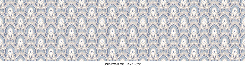 Seamless ornate medallion border pattern in french cream linen shabby chic style. Hand drawn floral damask bordure. Old white blue background. Interior home decor edging. Ornate flourish ribbon trim
