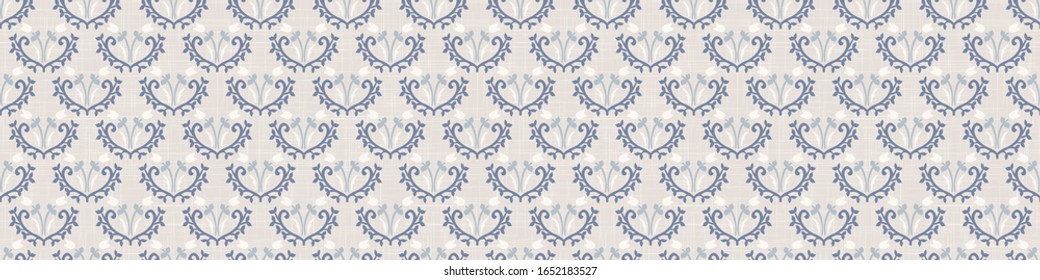 Seamless ornate medallion border pattern in french cream linen shabby chic style. Hand drawn floral damask bordure. Old white blue background. Interior home decor edging. Ornate flourish ribbon trim
