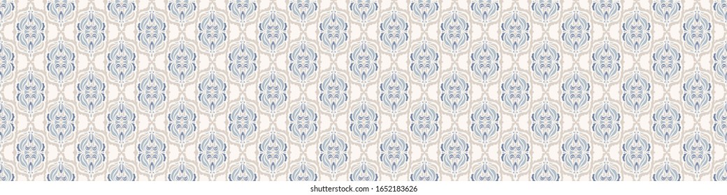 Seamless ornate medallion border pattern in french cream linen shabby chic style. Hand drawn floral damask bordure. Old white blue background. Interior home decor edging. Ornate flourish ribbon trim
