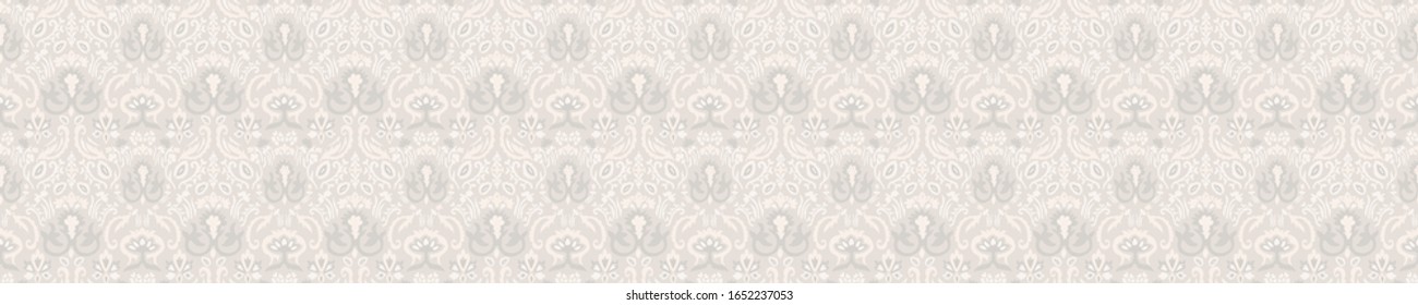Seamless ornate medallion border pattern in french cream linen shabby chic style. Hand drawn floral damask bordure. Old white cream background.  Interior home decor edging. Ornate flourish ribbon trim