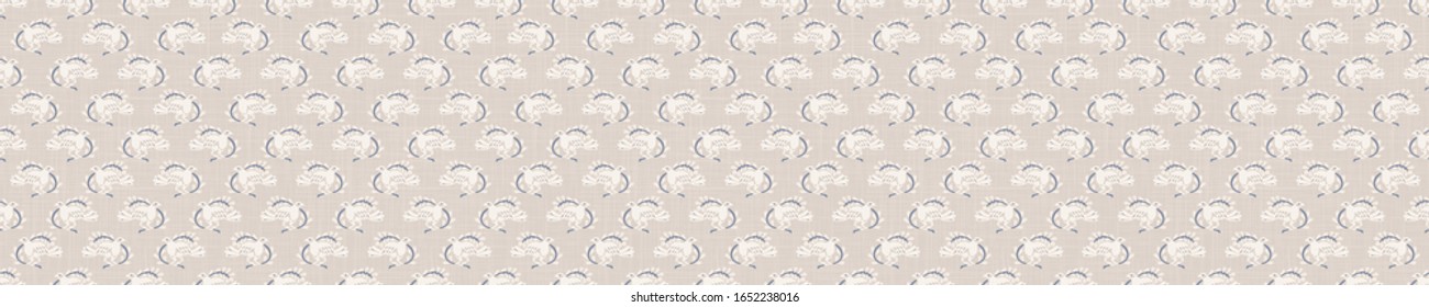 Seamless ornate medallion border pattern in french cream linen shabby chic style. Hand drawn floral damask bordure. Old white cream background.  Interior home decor edging. Ornate flourish ribbon trim