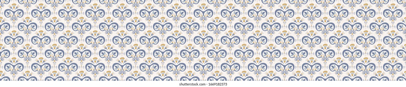 Pieza de medallón ornamentado impecable en linea de crema francesa de estilo chic. Bordura de damasco floral dibujado a mano. Fondo azul blanco antiguo.  La decoración interior de la casa. Guarnecido de cinta de flor orgánico