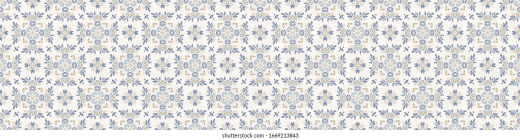 Seamless ornate medallion border pattern in french cream linen shabby chic style. Hand drawn floral damask bordure. Old white blue background.  Interior home decor edging. Ornate flourish ribbon trim