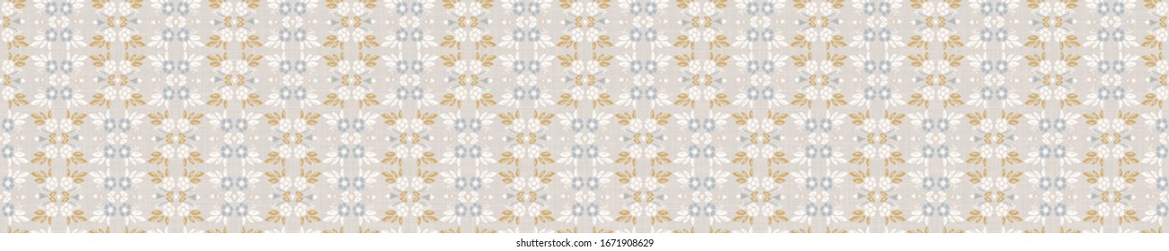 Seamless ornate medallion border pattern in french cream linen shabby chic style. Hand drawn floral damask bordure. Old white blue background.  Interior home decor edging. Ornate flourish ribbon trim