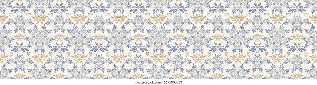 Seamless ornate medallion border pattern in french cream linen shabby chic style. Hand drawn floral damask bordure. Old white blue background.  Interior home decor edging. Ornate flourish ribbon trim