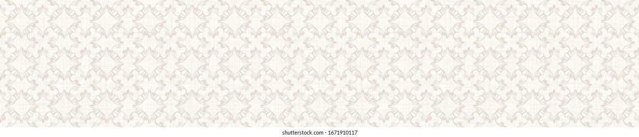Seamless ornate medallion border pattern in french cream linen shabby chic style. Hand drawn floral damask bordure. Old white blue background.  Interior home decor edging. Ornate flourish ribbon trim