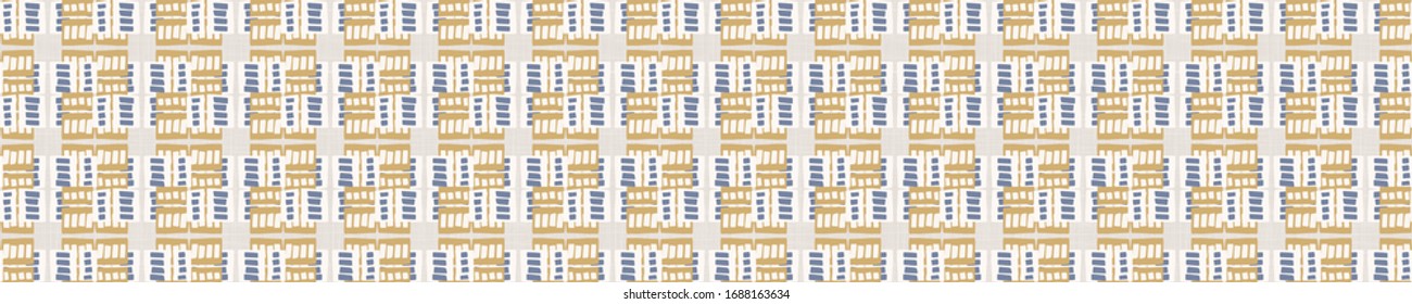 Seamless ornate medallion border pattern in french cream linen shabby chic style. Hand drawn floral damask bordure. Old white blue background.  Interior home decor edging. Ornate flourish ribbon trim