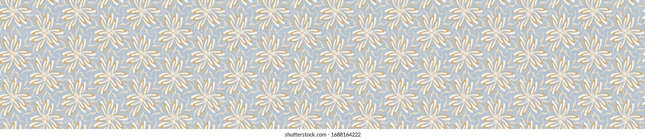 Nahtlose, orangefarbene Medaillonenkanten in französischer Creme-Leinen-Shabby-Chic-Stil. Handgezeichnete Blumenstaubschnüre. Alt-weißer blauer Hintergrund.  Innendekor-Abgang. Ornate Blütenband Trimm