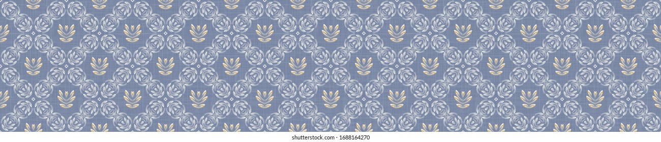 Seamless ornate medallion border pattern in french cream linen shabby chic style. Hand drawn floral damask bordure. Old white blue background.  Interior home decor edging. Ornate flourish ribbon trim