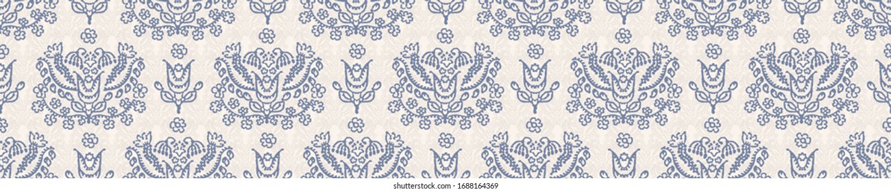 Seamless ornate medallion border pattern in french cream linen shabby chic style. Hand drawn floral damask bordure. Old white blue background.  Interior home decor edging. Ornate flourish ribbon trim
