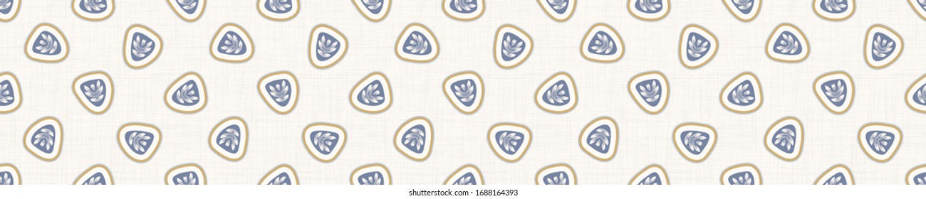Seamless ornate medallion border pattern in french cream linen shabby chic style. Hand drawn floral damask bordure. Old white blue background.  Interior home decor edging. Ornate flourish ribbon trim