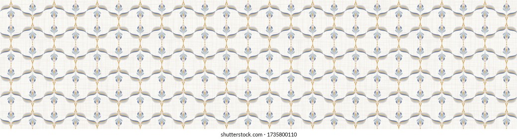 Seamless ornate medallion border pattern in french cream linen shabby chic style. Hand drawn floral damask bordure. Old white blue background.  Interior home decor edging. Ornate flourish ribbon tri