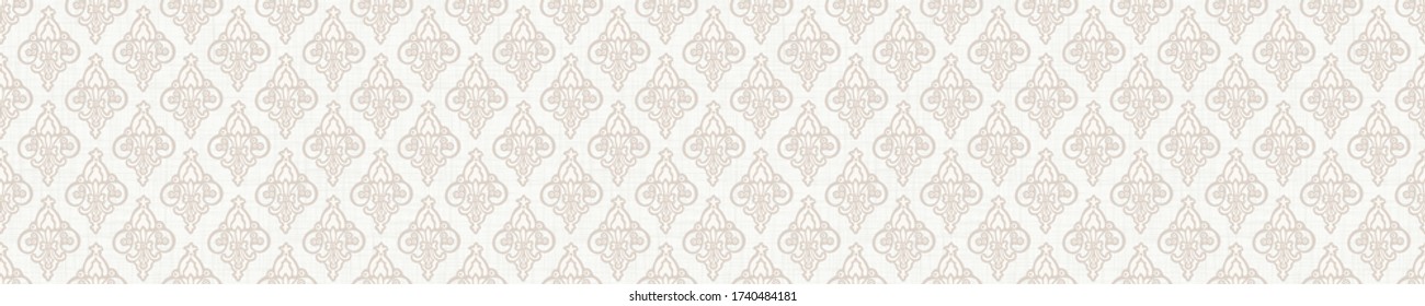 Seamless ornate medallion border pattern in french cream linen shabby chic style. Hand drawn floral damask bordure. Old white blue background.  Interior home decor edging. Ornate flourish ribbon trim