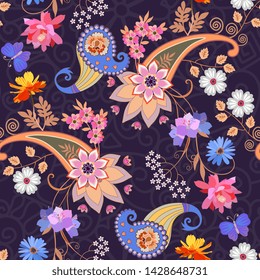 Seamless ornate pattern in ethnic style. Bright multicolor mandala, paisley and bouquets of flowers on purple lace background. Print for fabric, wrapping design.